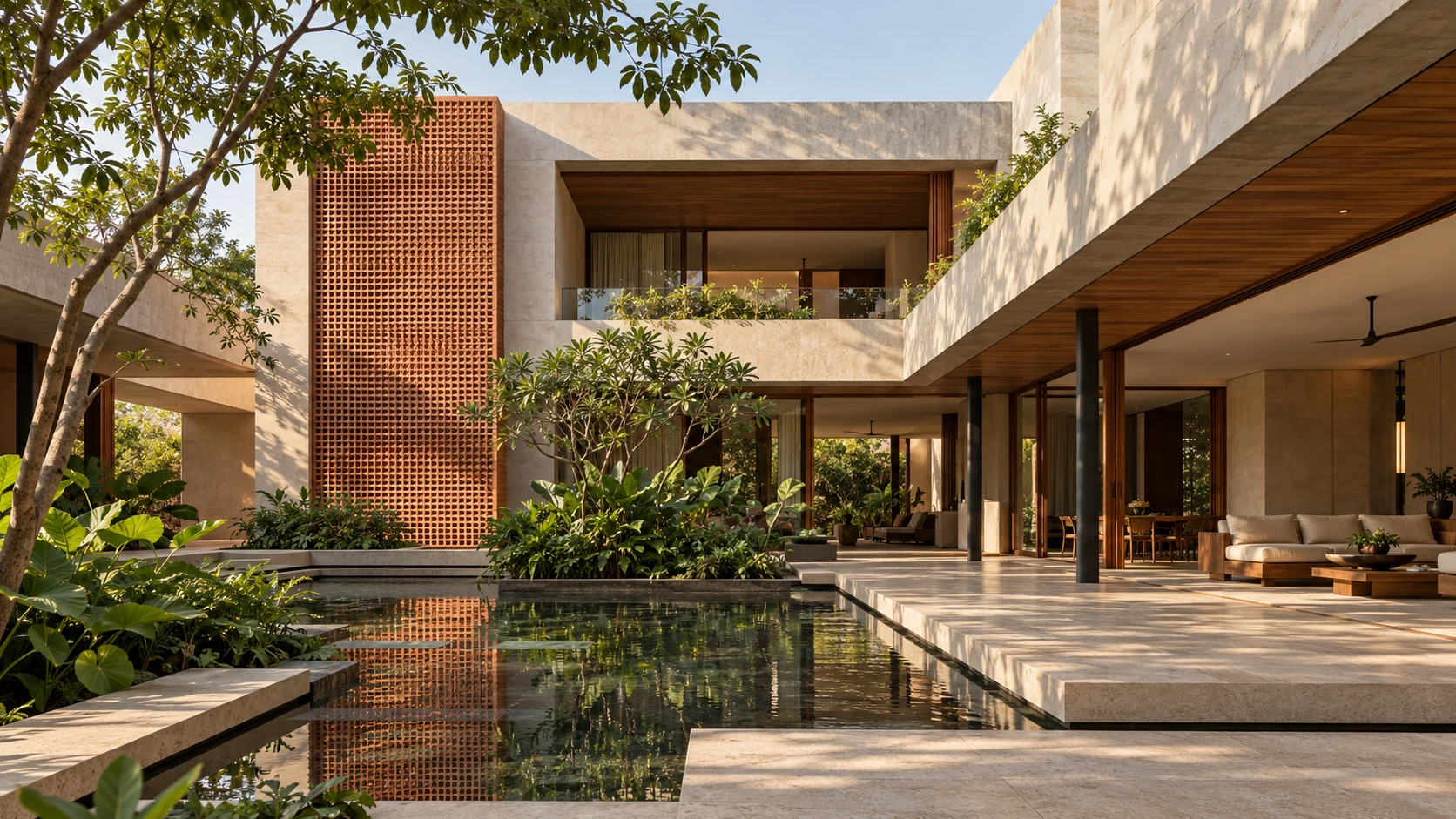 The Jali House — limestone courtyard and terracotta jali